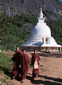 Moines bouddhistes devant un dagoba au pied de l'«Adam's Peak»