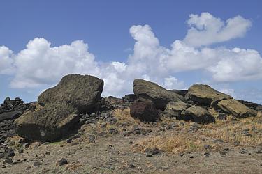 Overturned moai on the southern coast
